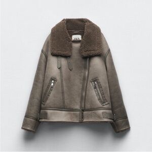 ZARA Double Faced Jacket Sherpa Grey Oversized Biker Size L